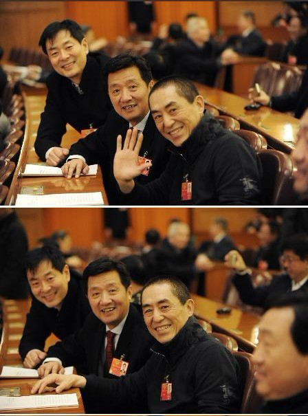 3月3日，中国人民政治协商会议第十一届全国委员会第五次会议在北京人民大会堂开幕。这是开幕会前，全国政协委员张艺谋（右）、张会军、濮存昕（左）向会场中的媒体记者挥手问好。新华社记者 王建华 摄