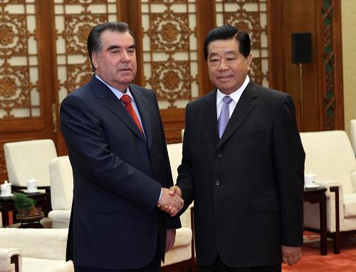 6月6日，全国政协主席贾庆林在北京人民大会堂会见塔吉克斯坦总统拉赫蒙。新华社记者 庞兴雷 摄