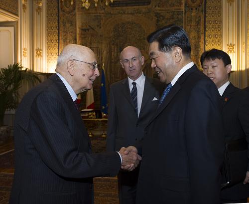 当地时间11月27日，中国全国政协主席贾庆林在罗马会见意大利总统纳波利塔诺。新华社记者 李学仁 摄