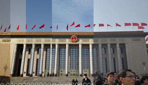 3月3日，中国人民政治协商会议第十二届全国委员会第一次会议在北京人民大会堂开幕。这是当日7时至14时人民大会堂外景的几个连续瞬间（拼版照片）。新华社记者 郭晨 摄