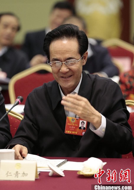 3月4日，全国政协委员、青海省政协主席仁青加在北京友谊宾馆参加中共界政协委员联组讨论并发言。中新社发 杜洋 摄
