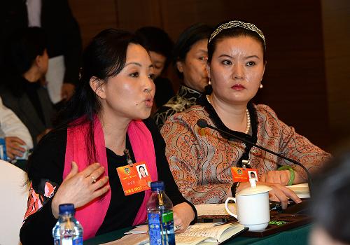 3月8日，全国政协委员孙丹萍（左）就老少边穷地区年轻妈妈们的教育问题发言。新华社记者 何俊昌 摄